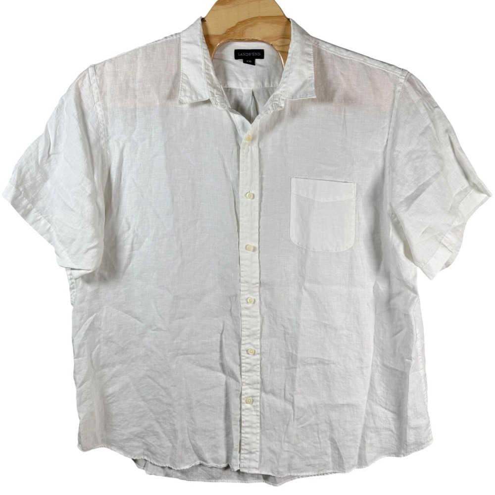 Lands End Traditional Fit Linen Shirt Mens XXL White Short Sleeve Casual Summer